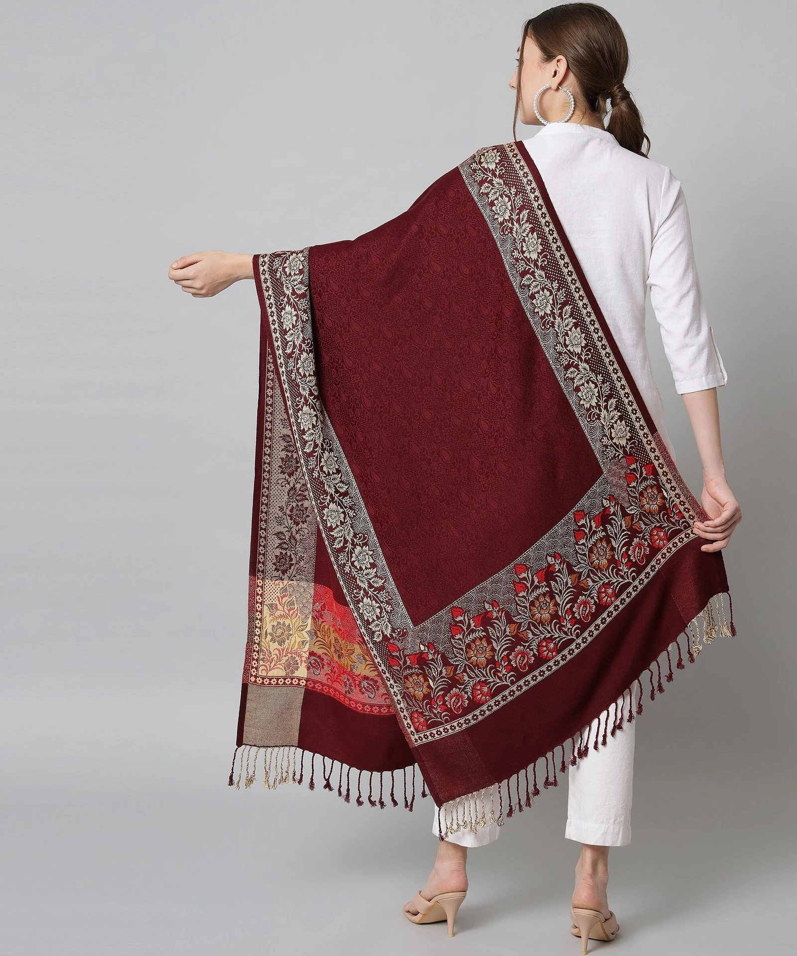 Wool Floral Print Women Shawl (Maroon)