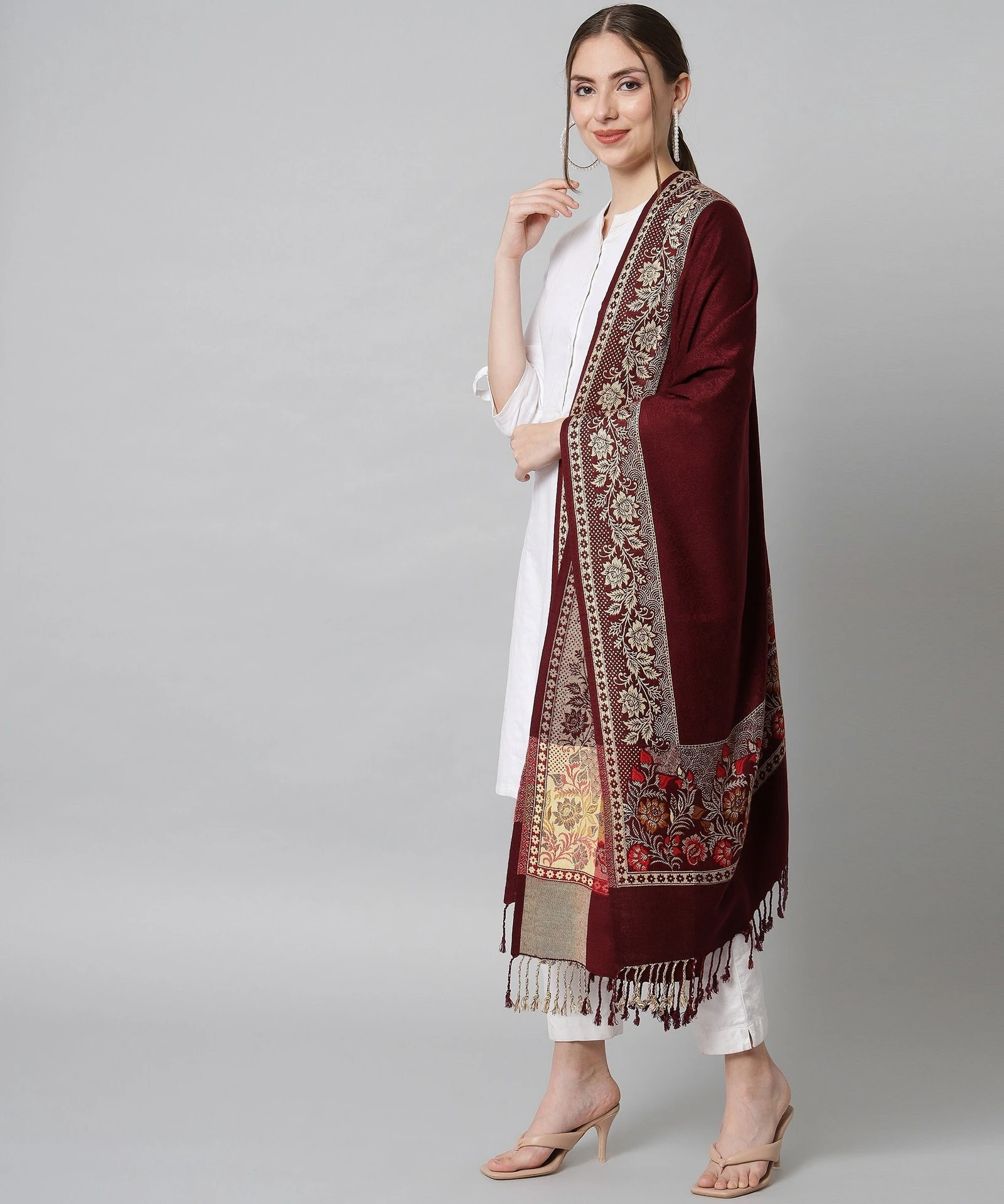 Wool Floral Print Women Shawl (Maroon)