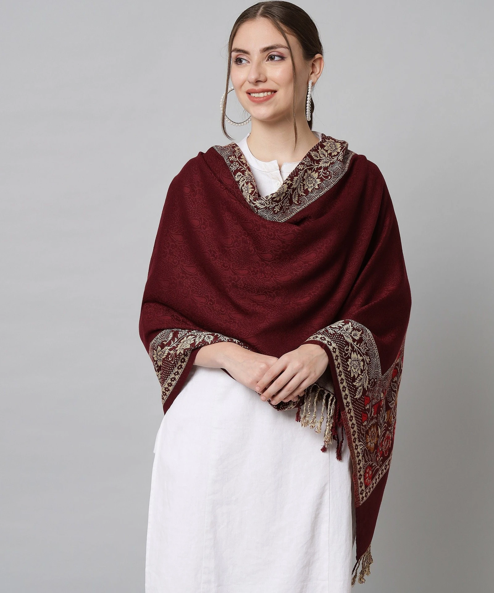 Wool Floral Print Women Shawl (Maroon)