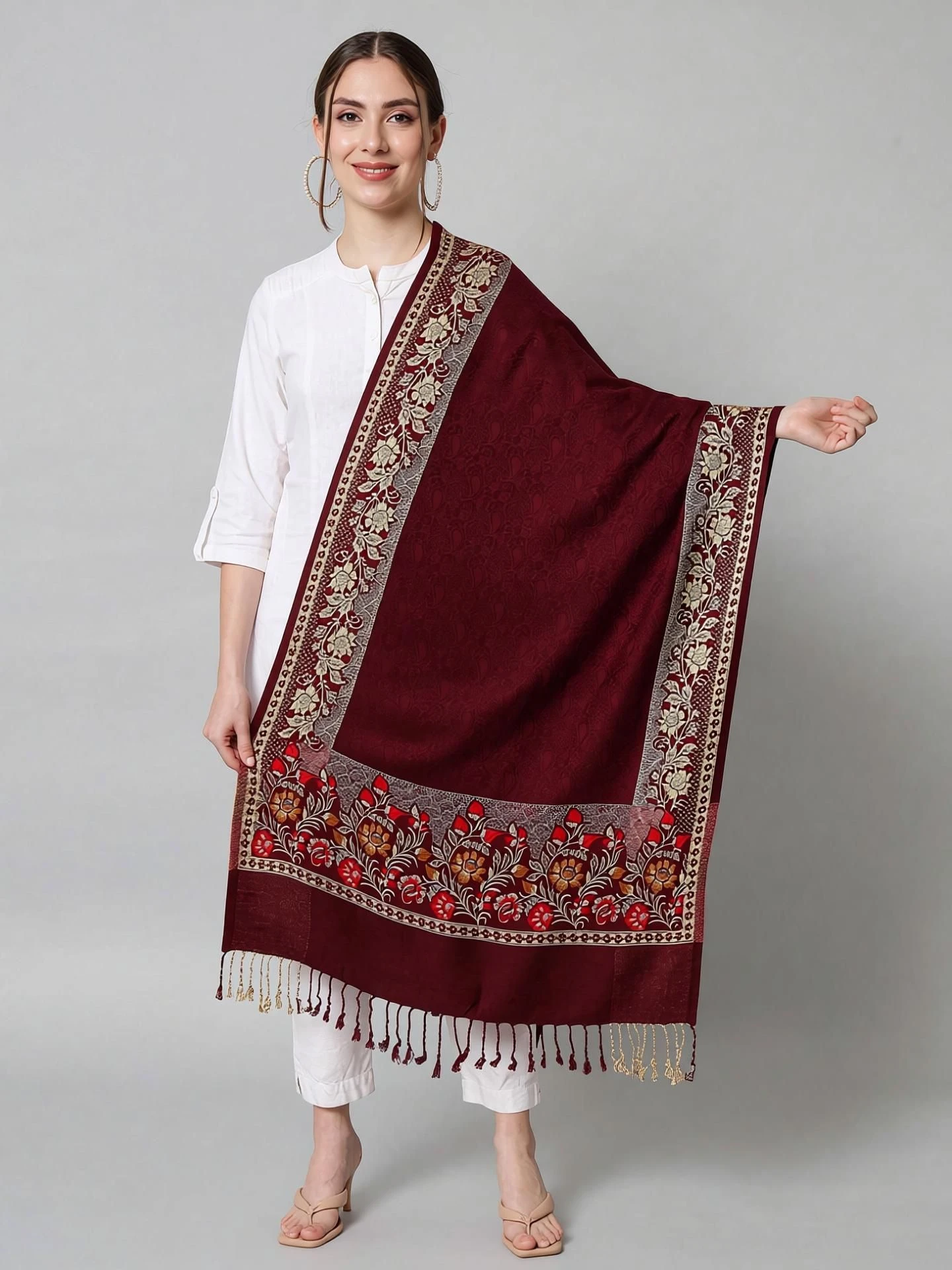 Wool Floral Print Women Shawl (Maroon)