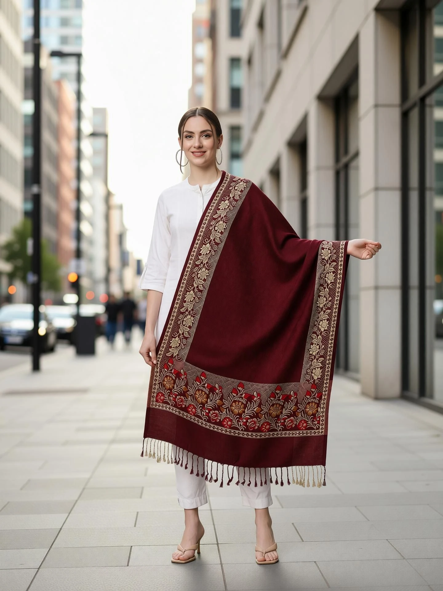 Wool Floral Print Women Shawl (Maroon)