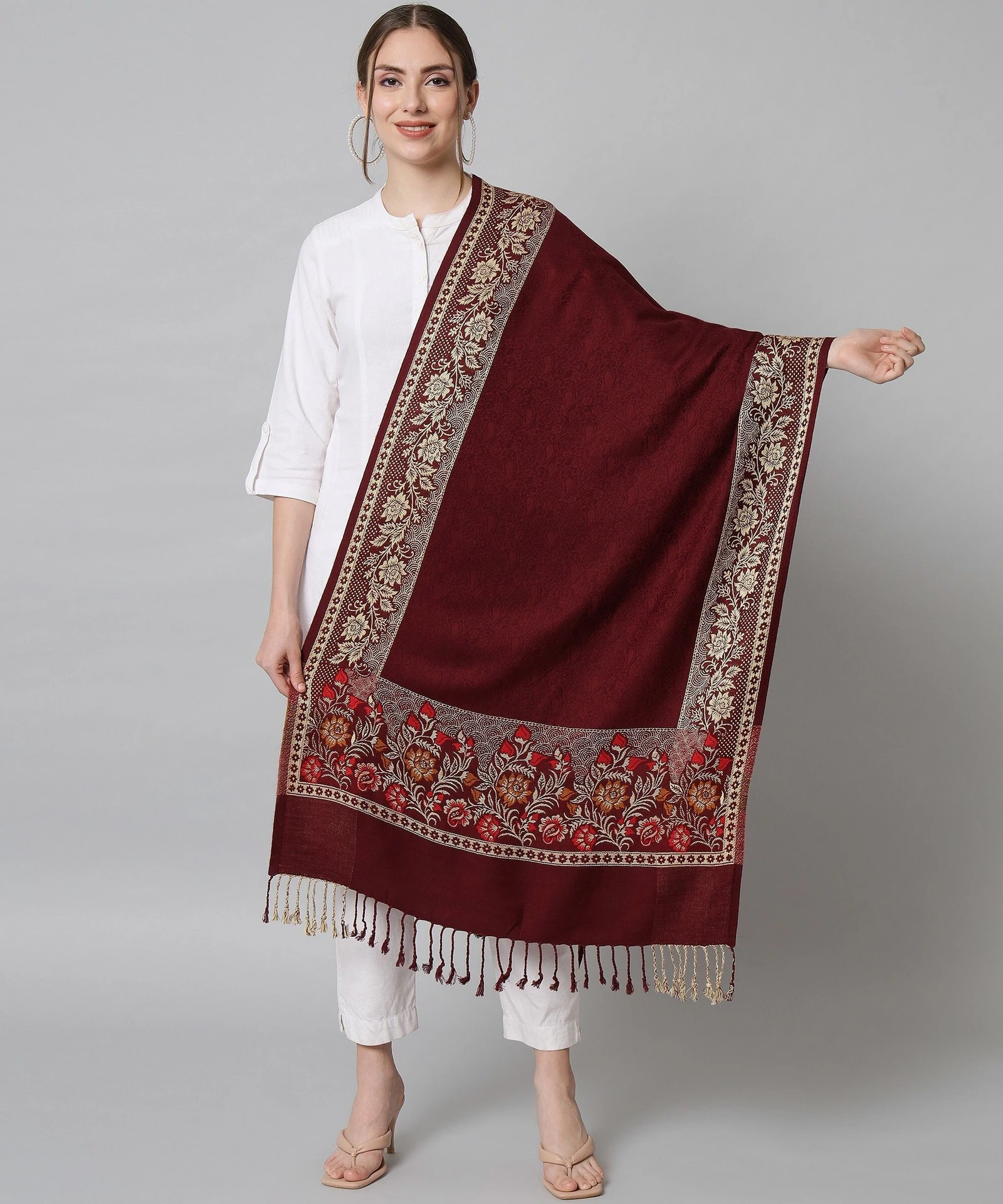 Wool Floral Print Women Shawl (Maroon)